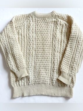 Vintage 80s Malinmor Wool Fisherman Sweater Large 42 Cream Irish Chunky Knit